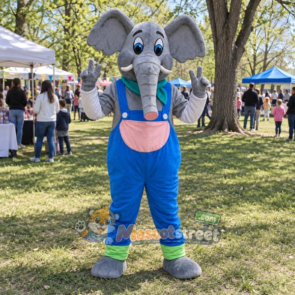 Gray Elephant Mascot Costume with Blue Overalls and Teal Scarf