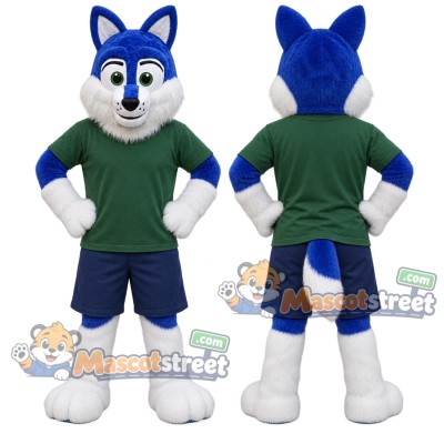 Blue and White Husky Mascot Costume with Green Shirt and Navy Shorts