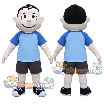 Black Haired Boy Mascot Costume with Blue Shirt and Gray Shorts Black Haired Boy Mascot Costume with Blue Shirt and Gray Shorts