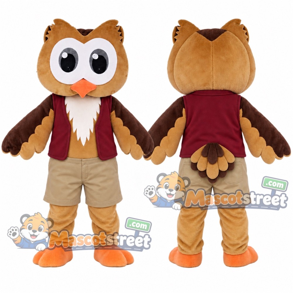Brown Owl Mascot Costume with Burgundy Vest and Beige Shorts