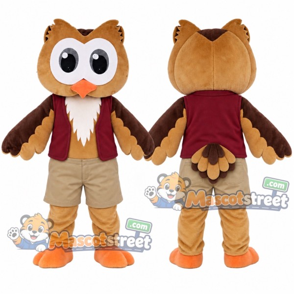 Brown Owl Mascot Costume with Burgundy Vest and Beige Shorts