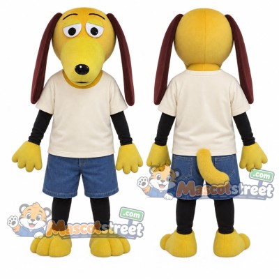 Yellow and Brown Dog Mascot Costume with Cream Shirt and Blue Shorts Yellow and Brown Dog Mascot Costume with Cream Shirt and Blue Shorts