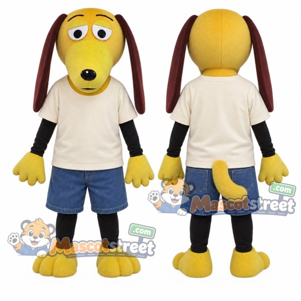 Yellow and Brown Dog Mascot Costume with Cream Shirt and Blue Shorts