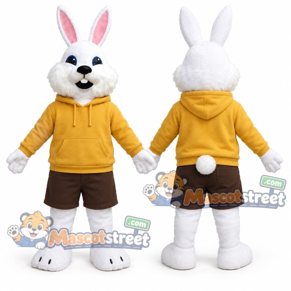 White Rabbit Mascot Costume with Yellow Hoodie and Brown Shorts