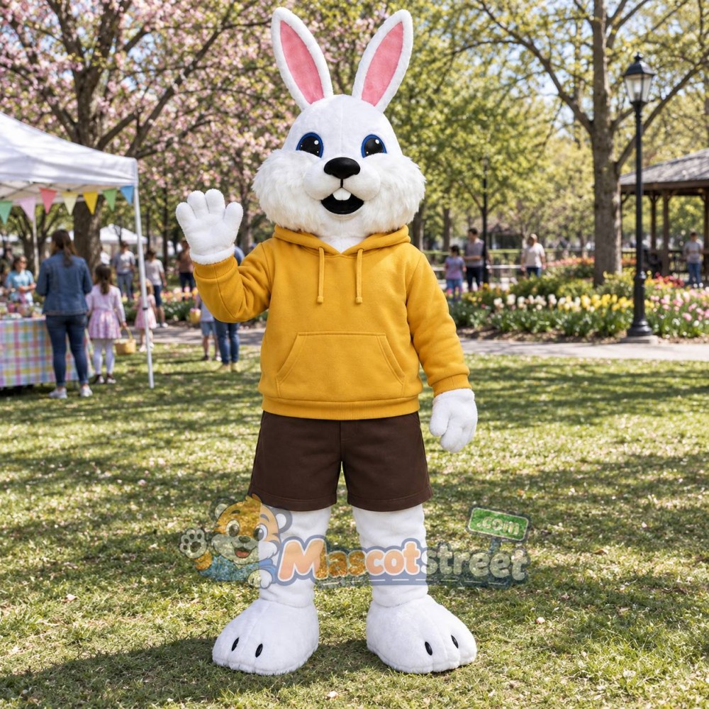 White Rabbit Mascot Costume with Yellow Hoodie and Brown Shorts White Rabbit Mascot Costume with Yellow Hoodie and Brown Shorts