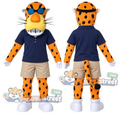 Orange Cheetah Mascot Costume with Navy Polo Shirt, Beige Shorts and Sunglasses Orange Cheetah Mascot Costume with Navy Polo Shirt, Beige Shorts and Sunglasses