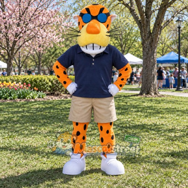 Orange Cheetah Mascot Costume with Navy Polo Shirt, Beige Shorts and Sunglasses Orange Cheetah Mascot Costume with Navy Polo Shirt, Beige Shorts and Sunglasses