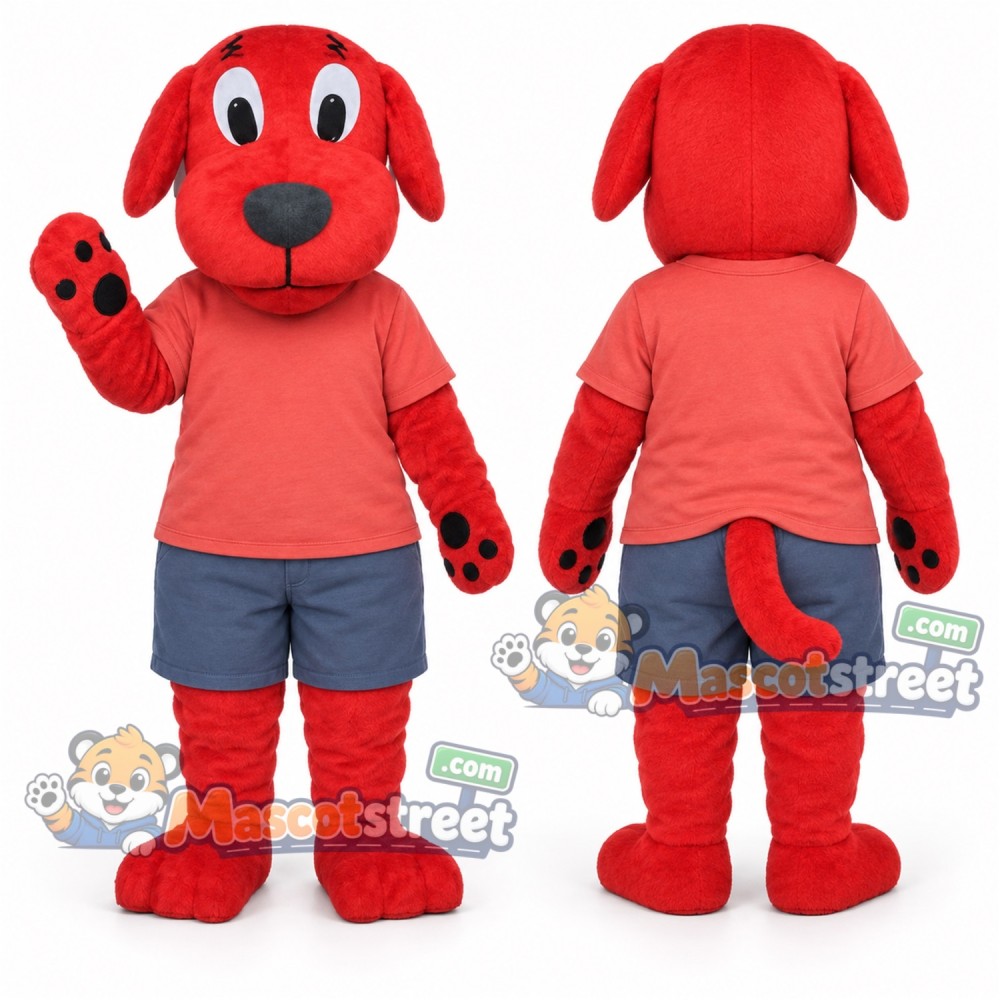 Red Dog Mascot Costume with Coral Shirt and Blue Shorts Red Dog Mascot Costume with Coral Shirt and Blue Shorts