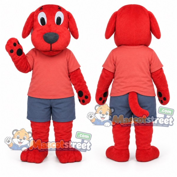 Red Dog Mascot Costume with Coral Shirt and Blue Shorts