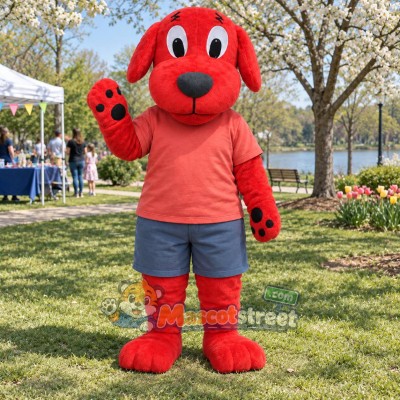 Red Dog Mascot Costume with Coral Shirt and Blue Shorts Red Dog Mascot Costume with Coral Shirt and Blue Shorts