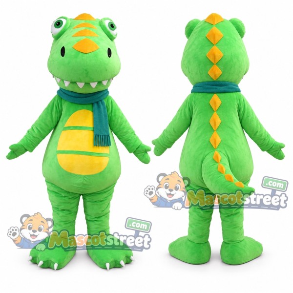 Green Dinosaur Mascot Costume with Teal Scarf