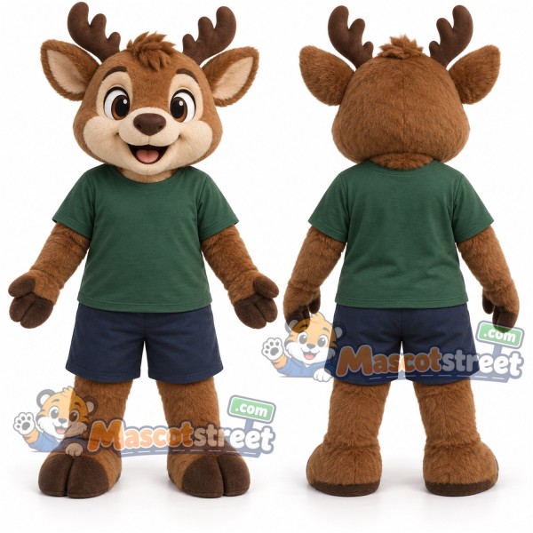 Brown Deer Mascot Costume with Green Shirt and Navy Shorts