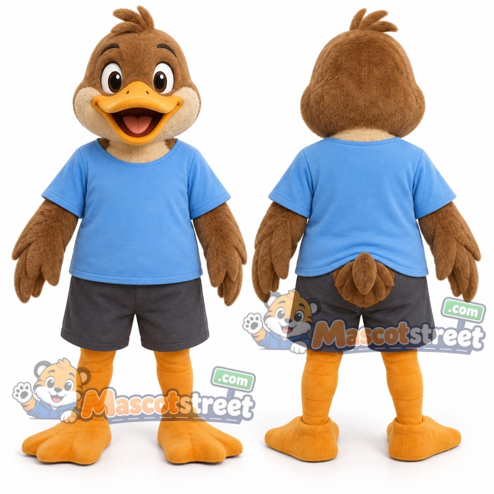 Brown Duck Mascot Costume with Blue Shirt and Gray Shorts Brown Duck Mascot Costume with Blue Shirt and Gray Shorts