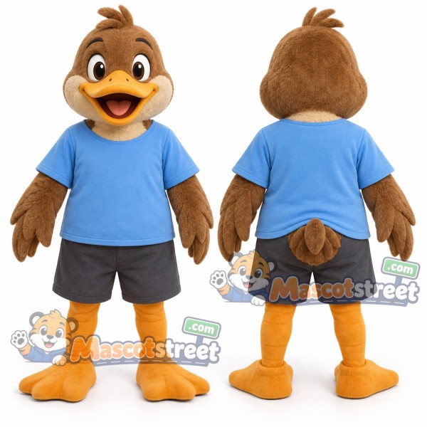 Brown Duck Mascot Costume with Blue Shirt and Gray Shorts