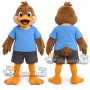 Brown Duck Mascot Costume with Blue Shirt and Gray Shorts