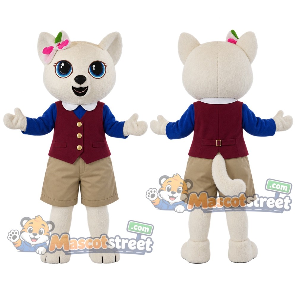 Cream Cat Mascot Costume with Burgundy Vest, Blue Sleeves and Beige Shorts Cream Cat Mascot Costume with Burgundy Vest, Blue Sleeves and Beige Shorts