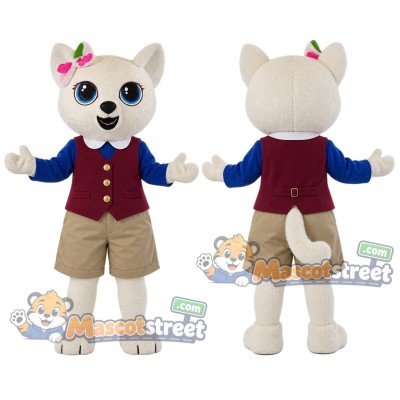 Cream Cat Mascot Costume with Burgundy Vest, Blue Sleeves and Beige Shorts Cream Cat Mascot Costume with Burgundy Vest, Blue Sleeves and Beige Shorts