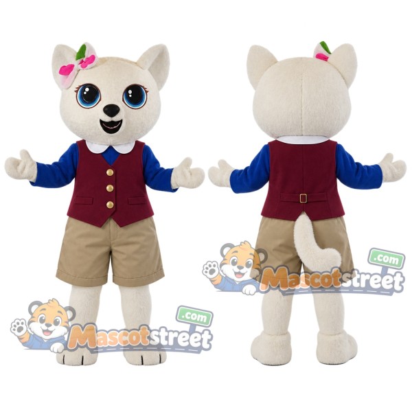 Cream Cat Mascot Costume with Burgundy Vest, Blue Sleeves and Beige Shorts