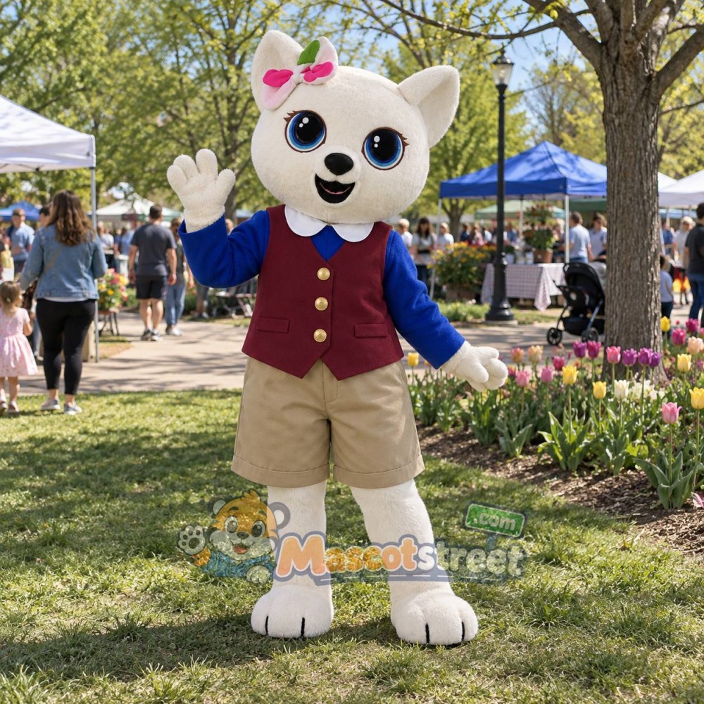 Cream Cat Mascot Costume with Burgundy Vest, Blue Sleeves and Beige Shorts Cream Cat Mascot Costume with Burgundy Vest, Blue Sleeves and Beige Shorts