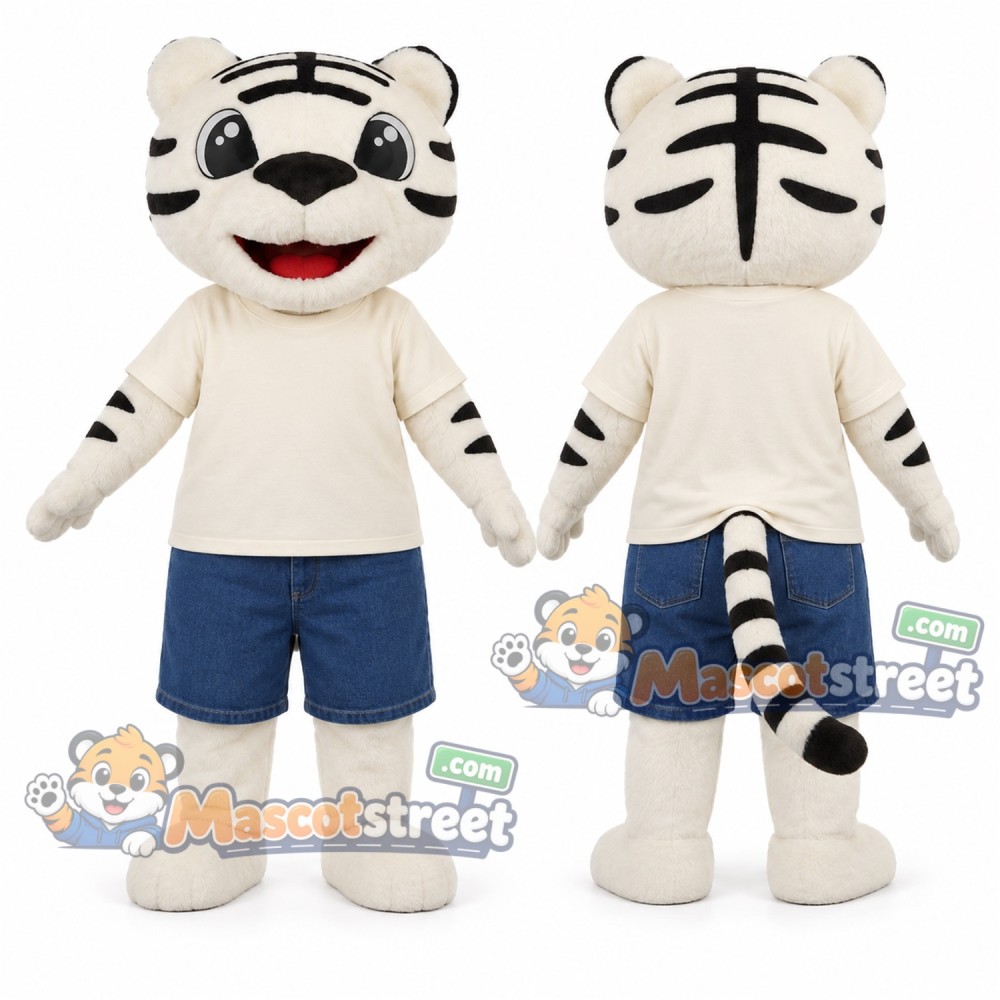 White Tiger Mascot Costume with Cream Shirt and Blue Shorts