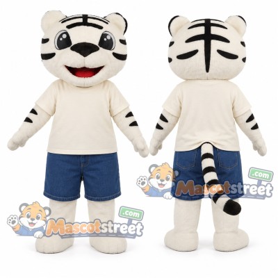 White Tiger Mascot Costume with Cream Shirt and Blue Shorts