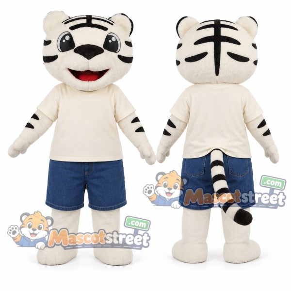 White Tiger Mascot Costume with Cream Shirt and Blue Shorts