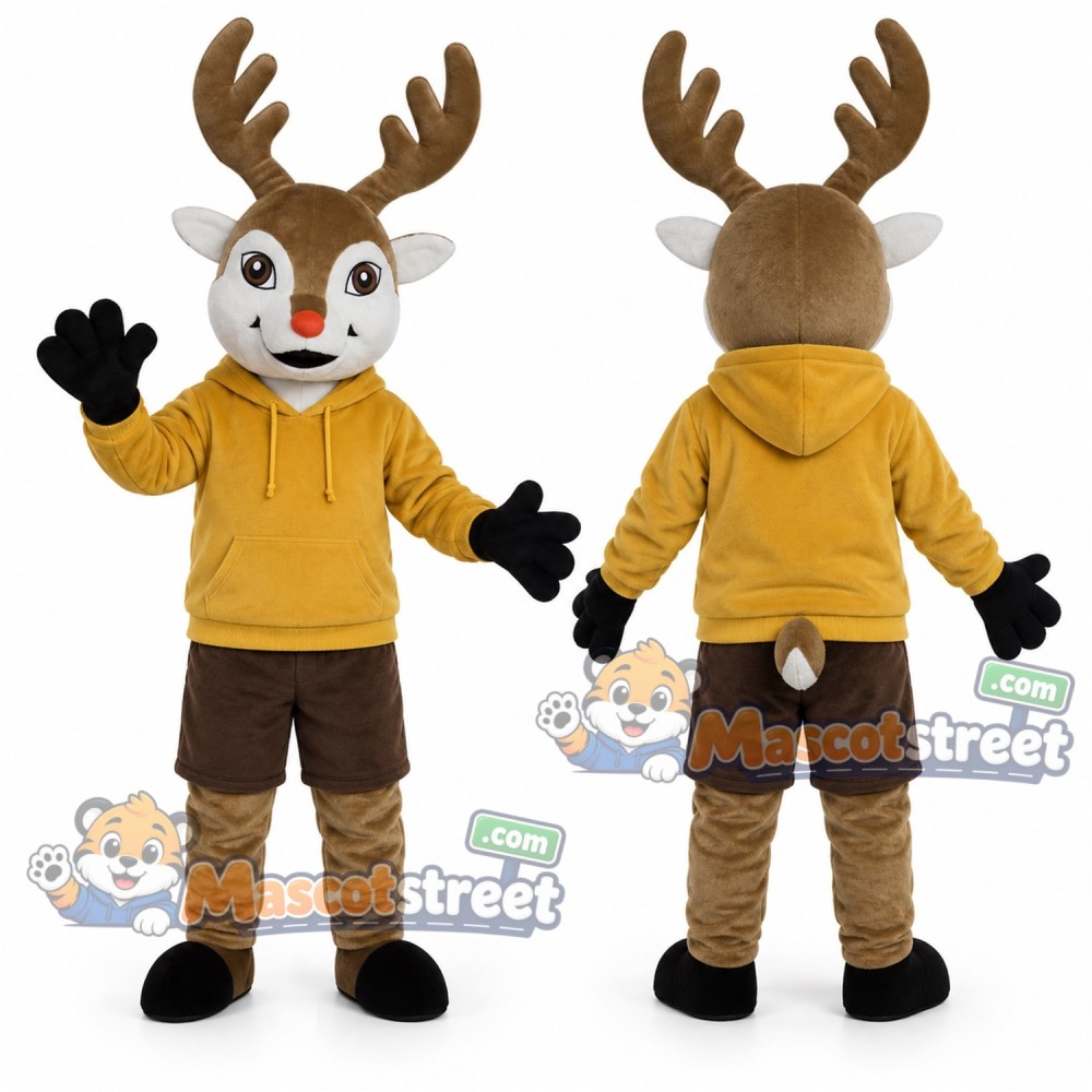 Brown Reindeer Mascot Costume with Yellow Hoodie and Brown Shorts