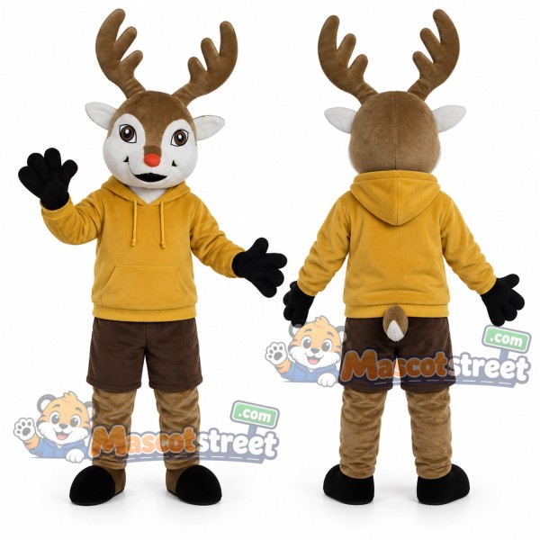 Brown Reindeer Mascot Costume with Yellow Hoodie and Brown Shorts