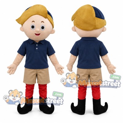 Blond Elf Mascot Costume with Navy Polo Shirt, Beige Shorts and Blue Cap Blond Elf Mascot Costume with Navy Polo Shirt, Beige Shorts and Blue Cap