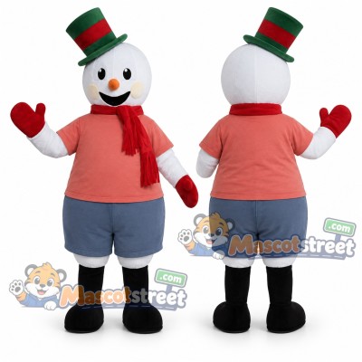Snowman Mascot Costume with Coral Shirt, Blue Shorts, Red Scarf and Green Top Hat Snowman Mascot Costume with Coral Shirt, Blue Shorts, Red Scarf and Green Top Hat