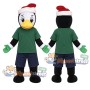 Black and White Penguin Mascot Costume with Green Shirt, Navy Shorts and Santa Hat