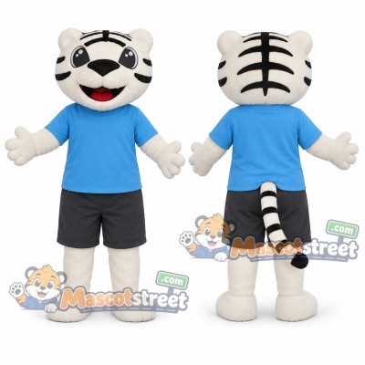 White Tiger Mascot Costume with Blue Shirt and Gray Shorts