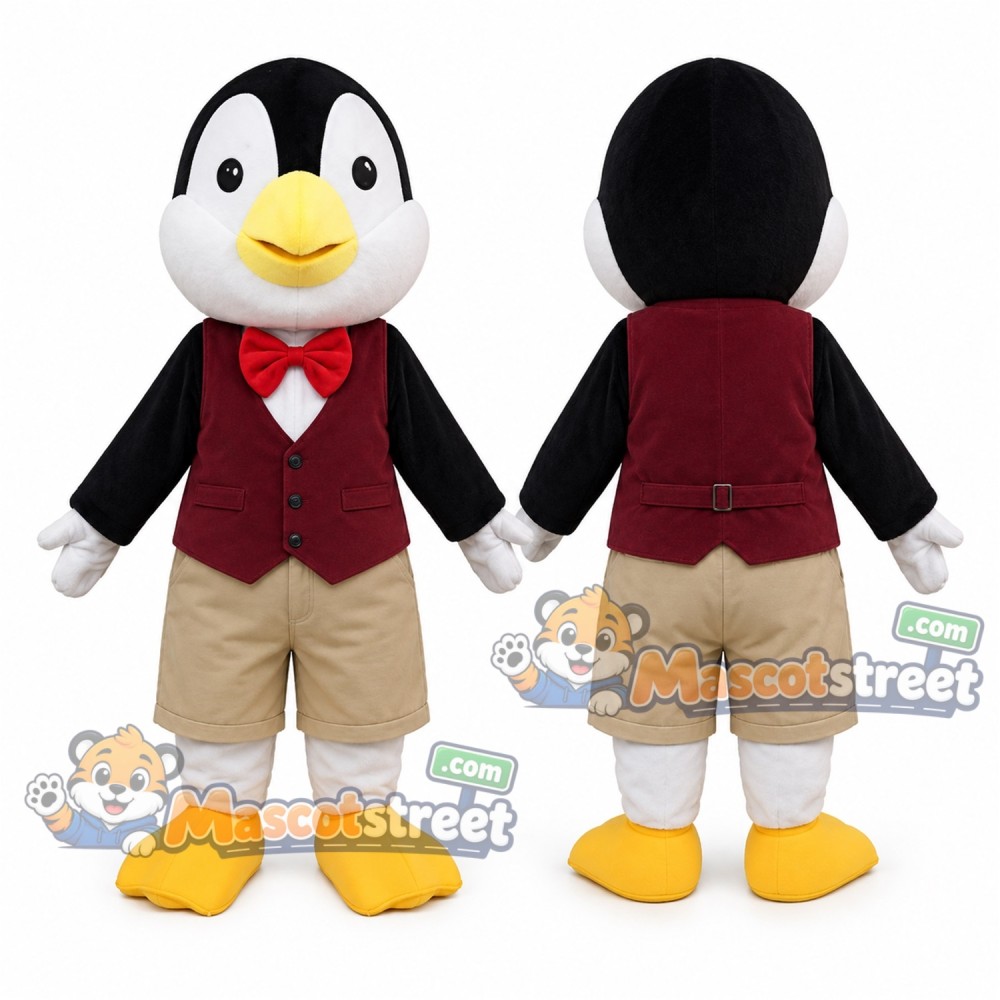 Black and White Penguin Mascot Costume with Burgundy Vest and Beige Shorts Black and White Penguin Mascot Costume with Burgundy Vest and Beige Shorts