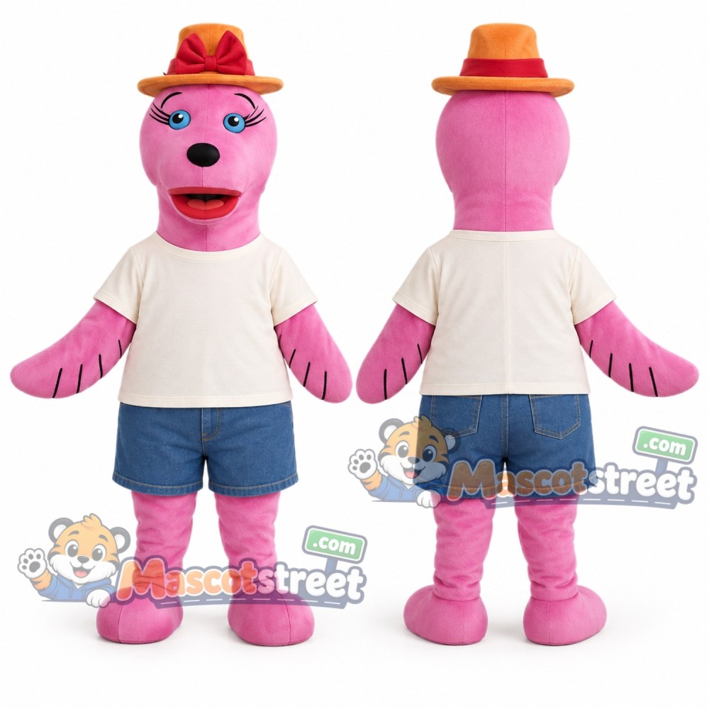 Pink Sea Lion Mascot Costume with Cream Shirt, Blue Shorts and Orange Hat
