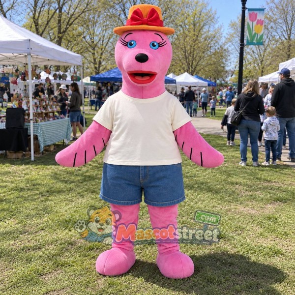 Pink Sea Lion Mascot Costume with Cream Shirt, Blue Shorts and Orange Hat