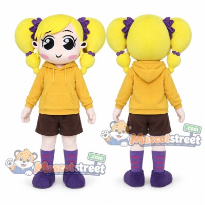 Blond Girl Mascot Costume with Yellow Hoodie and Brown Shorts Blond Girl Mascot Costume with Yellow Hoodie and Brown Shorts
