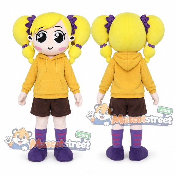 Blond Girl Mascot Costume with Yellow Hoodie and Brown Shorts