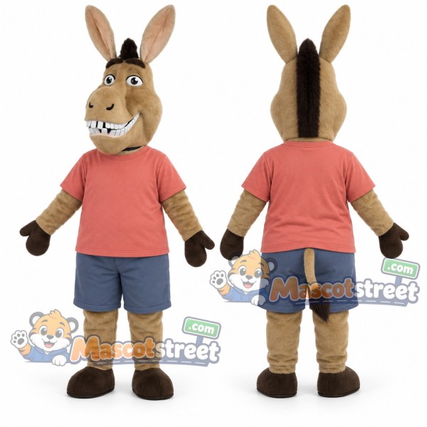 Brown Donkey Mascot Costume with Coral Shirt and Blue Shorts