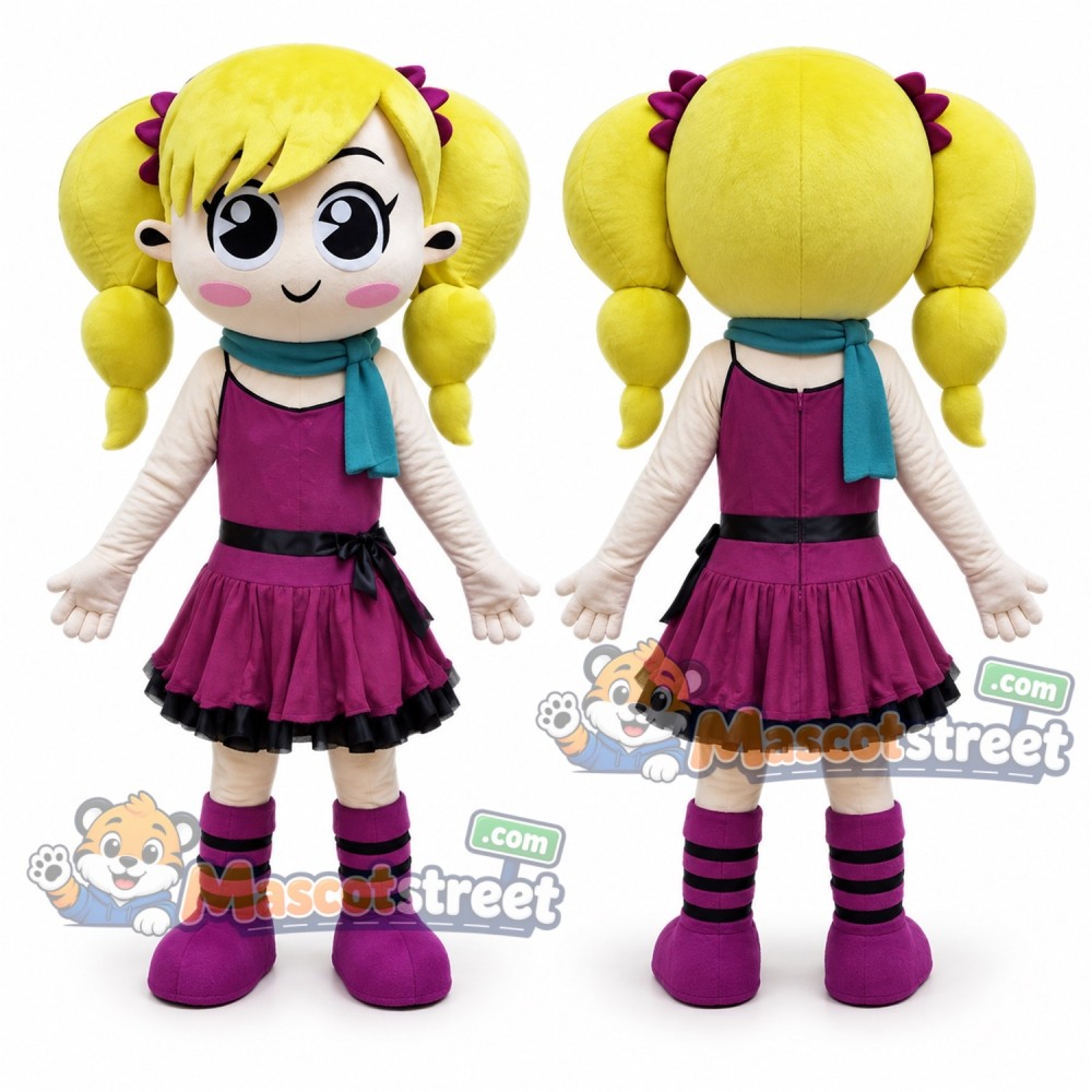 Blond Girl Mascot Costume with Pink Dress and Teal Scarf Blond Girl Mascot Costume with Pink Dress and Teal Scarf