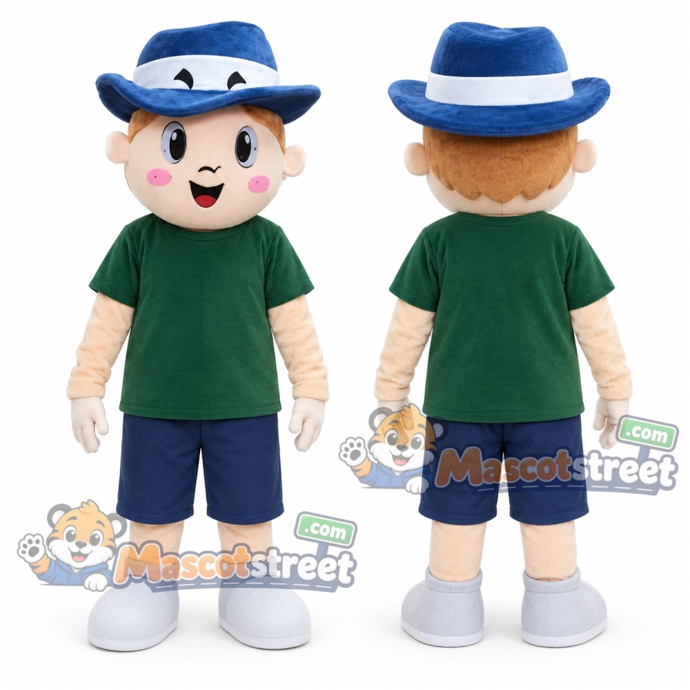 Boy Mascot Costume with Green Shirt, Navy Shorts and Blue Hat