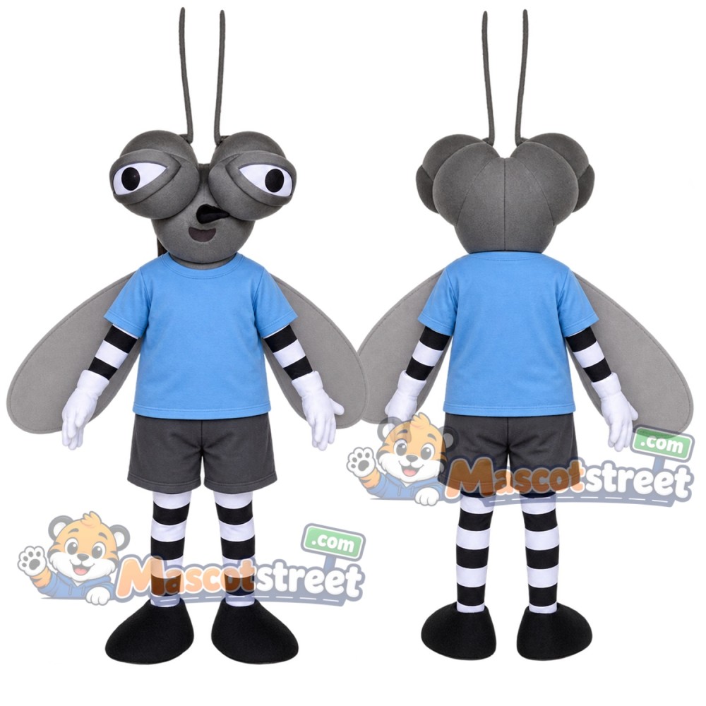 Gray Mosquito Mascot Costume with Blue Shirt and Gray Shorts Gray Mosquito Mascot Costume with Blue Shirt and Gray Shorts