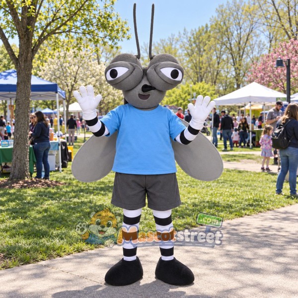 Gray Mosquito Mascot Costume with Blue Shirt and Gray Shorts
