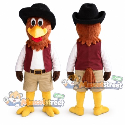 Brown Rooster Mascot Costume with Burgundy Vest, Beige Shorts and Black Hat