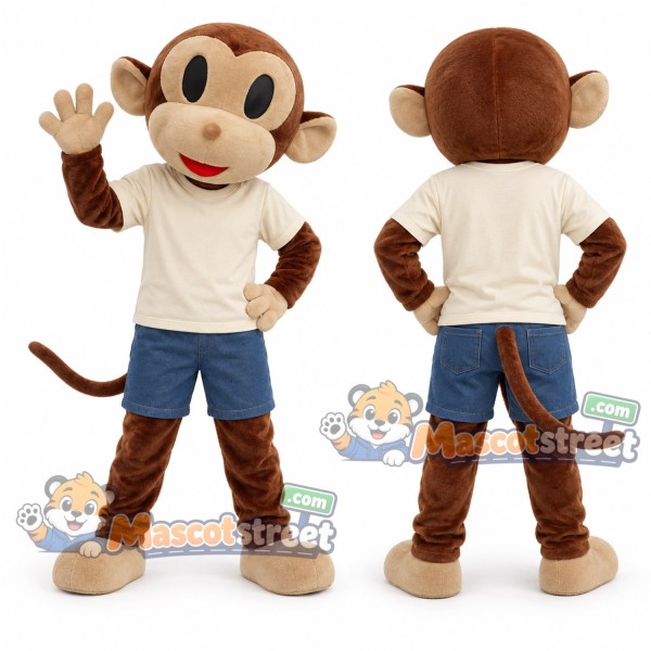 Brown Monkey Mascot Costume with Cream Shirt and Blue Shorts