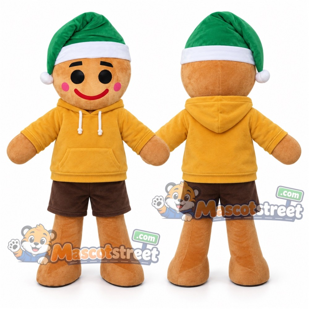 Gingerbread Man Mascot Costume with Yellow Hoodie, Brown Shorts and Green Santa Hat Gingerbread Man Mascot Costume with Yellow Hoodie, Brown Shorts and Green Santa Hat