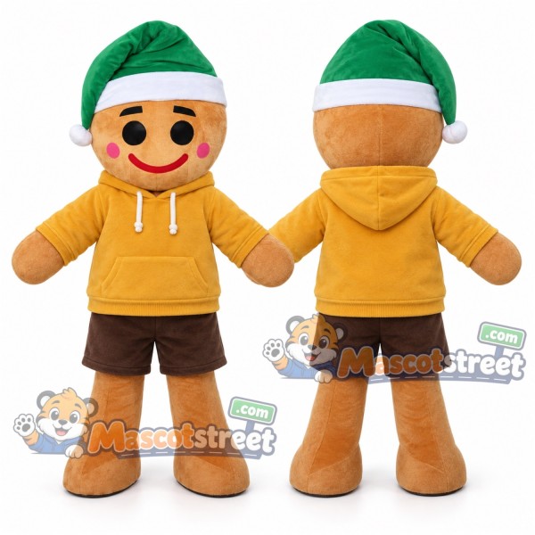 Gingerbread Man Mascot Costume with Yellow Hoodie, Brown Shorts and Green Santa Hat