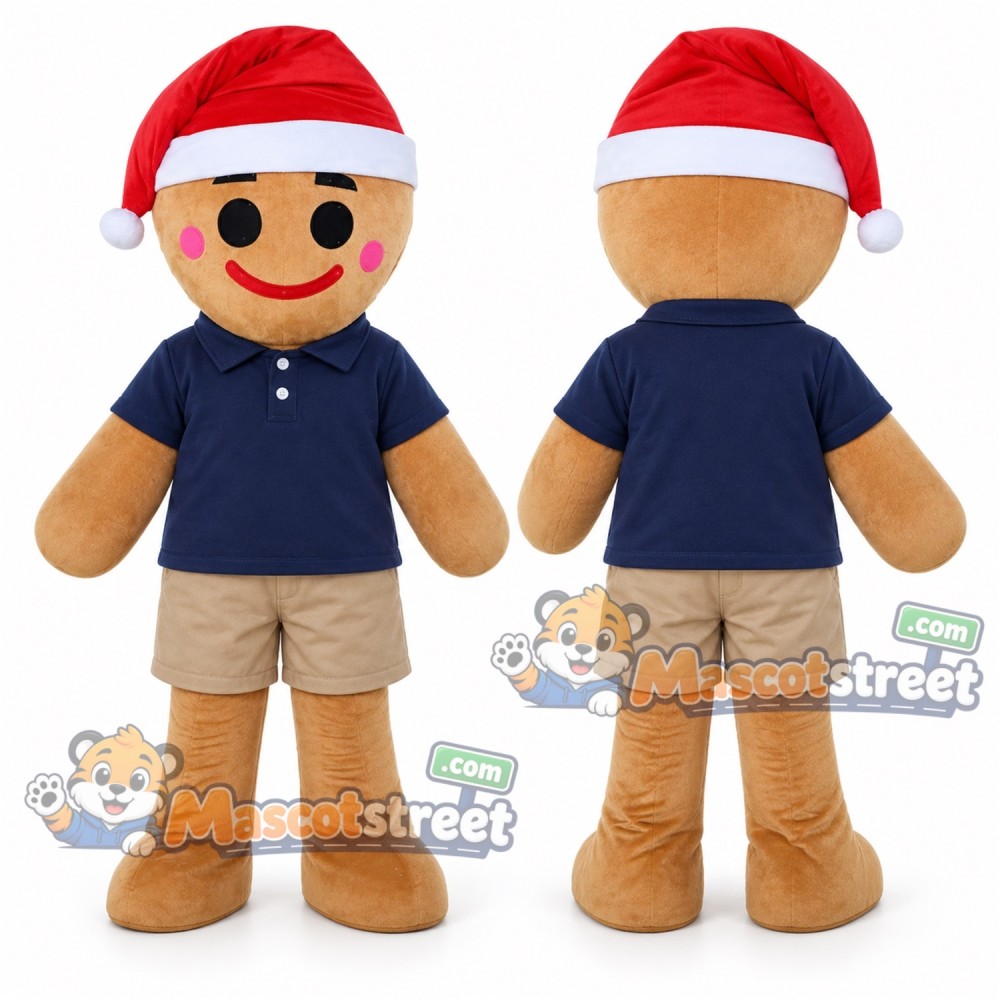 Gingerbread Man Mascot Costume with Navy Polo Shirt, Beige Shorts and Red Santa Hat Gingerbread Man Mascot Costume with Navy Polo Shirt, Beige Shorts and Red Santa Hat