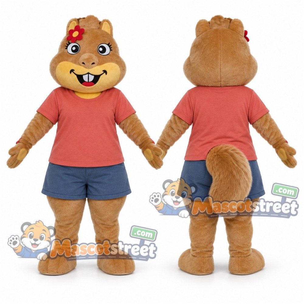 Brown Squirrel Mascot Costume with Coral Shirt and Blue Shorts Brown Squirrel Mascot Costume with Coral Shirt and Blue Shorts