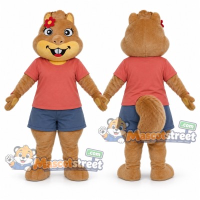Brown Squirrel Mascot Costume with Coral Shirt and Blue Shorts Brown Squirrel Mascot Costume with Coral Shirt and Blue Shorts