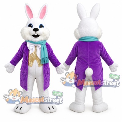 White Rabbit Mascot Costume with Purple Jacket and Teal Scarf